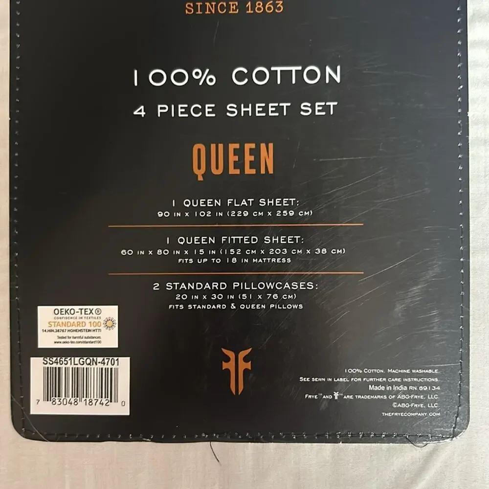 Frye Queen Sheet 4 Pc Set Flat Fitted Pillowcase Light Gray 100% Cotton New
